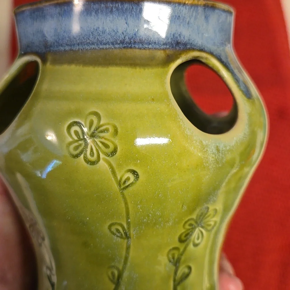 Pottery toothbrush toothpaste holder blue and green floral